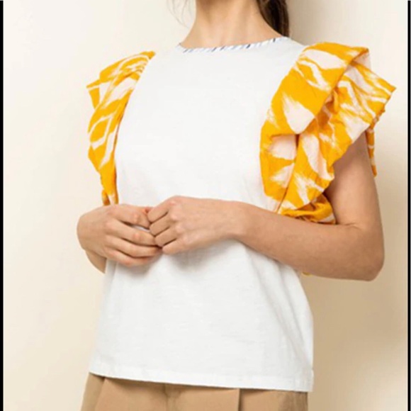 THML Tops - White Top Yellow and White Puffy Ruffle Sleeves Boutique